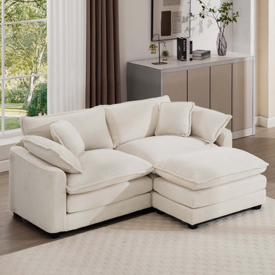Light Beige Corduroy L-Shaped Two-Seater Sofa with Ottoman for Small Living Spaces