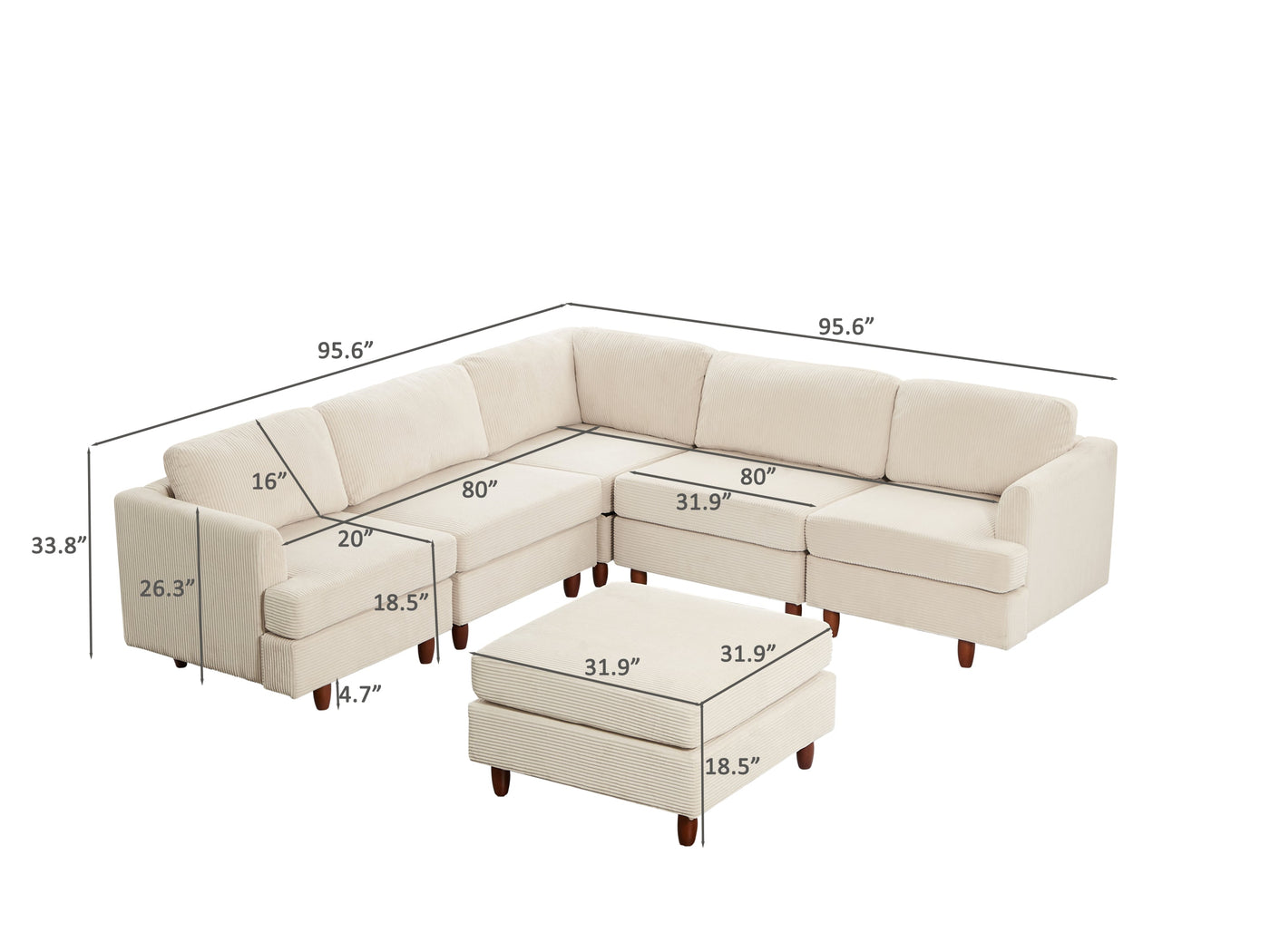 Modern Modular Sectional couch,6 Seaters Sleeper Sofa Upholstered Corduroy Free Combination Sofa(Beige)