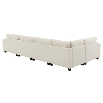 Chenille U Shaped Sectional Sofa with Ottoman, Storage, Cup Holders, and USB Ports, Off White, 128*67'