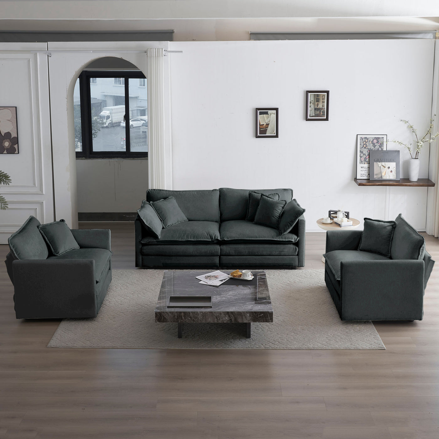 3 Piece Sofa Set with Arm Pillows and Toss Pillows , Sofa Set Include 2- Piece of Arm Chair and One 2-seat Sofa, Space Saving Casual Sofa Set for Living Room, Gray Chenille