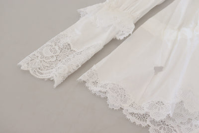 Dolce & Gabbana White Cotton Lace Trim Turtle Neck Blouse Top