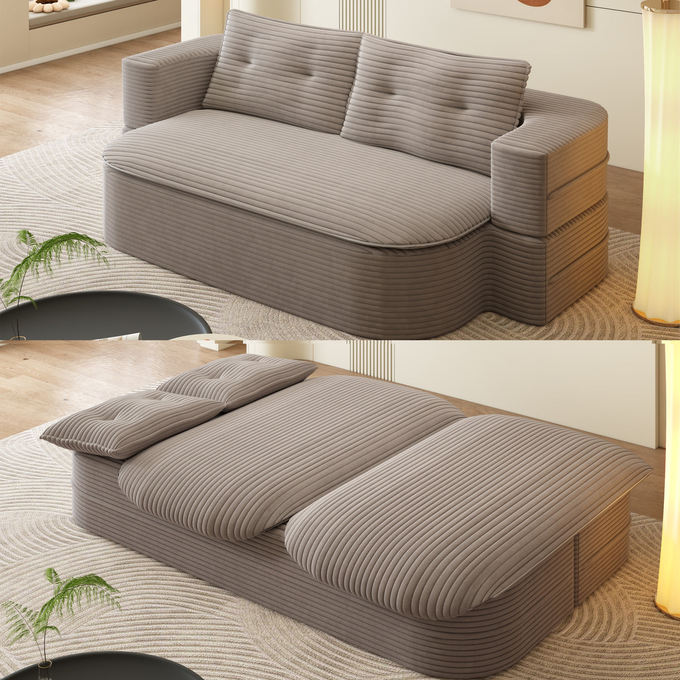 78.7' Modern 2-in-1 Foldable Sofa with Functional Blanket and 2 Soft Pillows,Comfortable Plush Corduroy Fabric Sofa, Convertible Sleeper Sofa Bed, Deep Seat Sofa Couch for Living Room, Bedroom