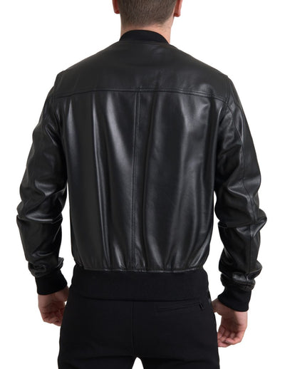 Dolce & Gabbana Black Leather Full Zip Bomber Men Jacket