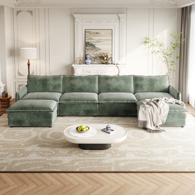 Corduroy Fabric 4-Seater Comfy Cloud Couch with 2 Movable Footrest for Living Room,Oversized Deep Seat U-Shaped Couch Set, Upholstered Large Size Deep Seat Sofa with 4 cushions