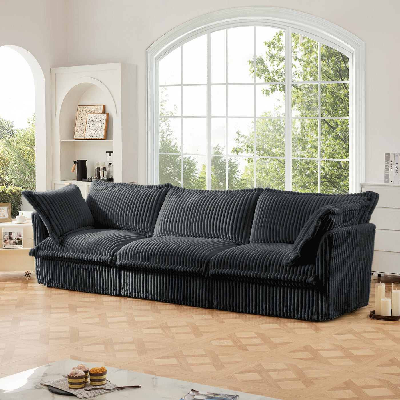 Slipcovered Sofa Couch, Modern 3 Seater Sofa with Suppleness Armrests,Deep Seat Sofa with Soft Multiple Big Pillows, Comfy Couch for Living Room, Apartment,Gray Corduroy Fabric