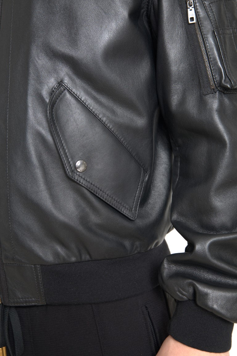 Dolce & Gabbana Black Leather Blouson Full Zip Bomber Jacket
