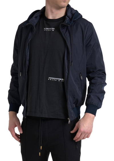 Dolce & Gabbana Blue Hooded Logo Polyester Full Zip Sweater