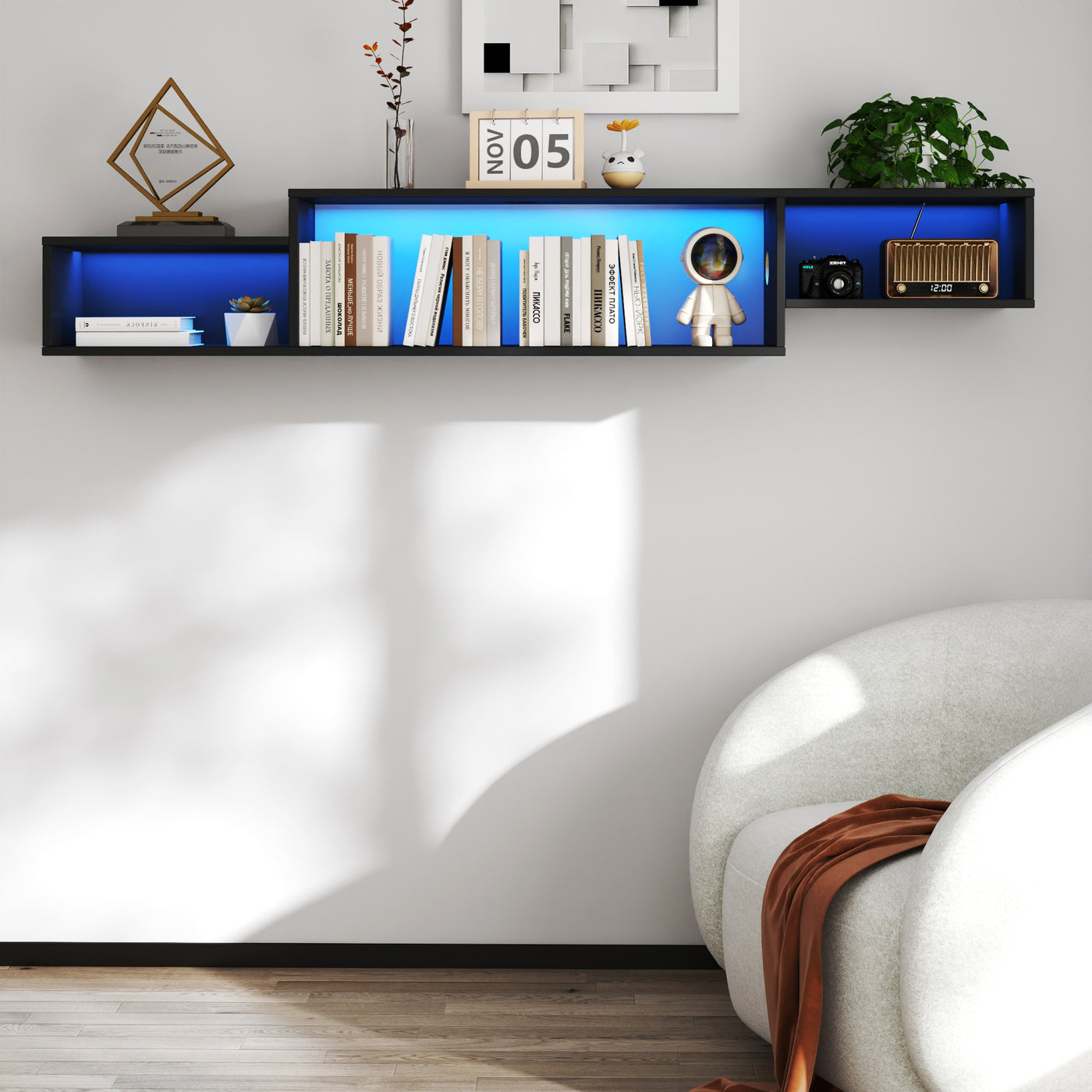 65.35in Wall Mounted Floating  TV Stand with 20 Color LEDs and Charging Station