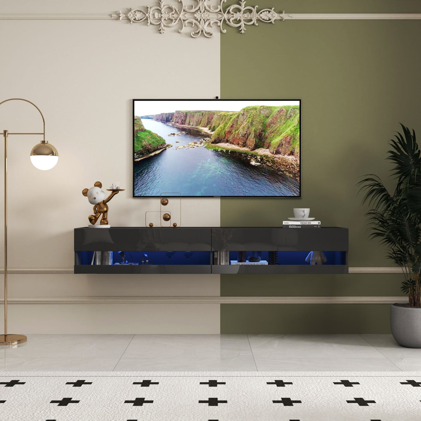 180 Wall Mounted Floating 80' TV Stand with 20 Color LEDs  and  Charging Station