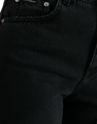 Dolce & Gabbana Black Cotton High Waist Tattered Denim Jeans