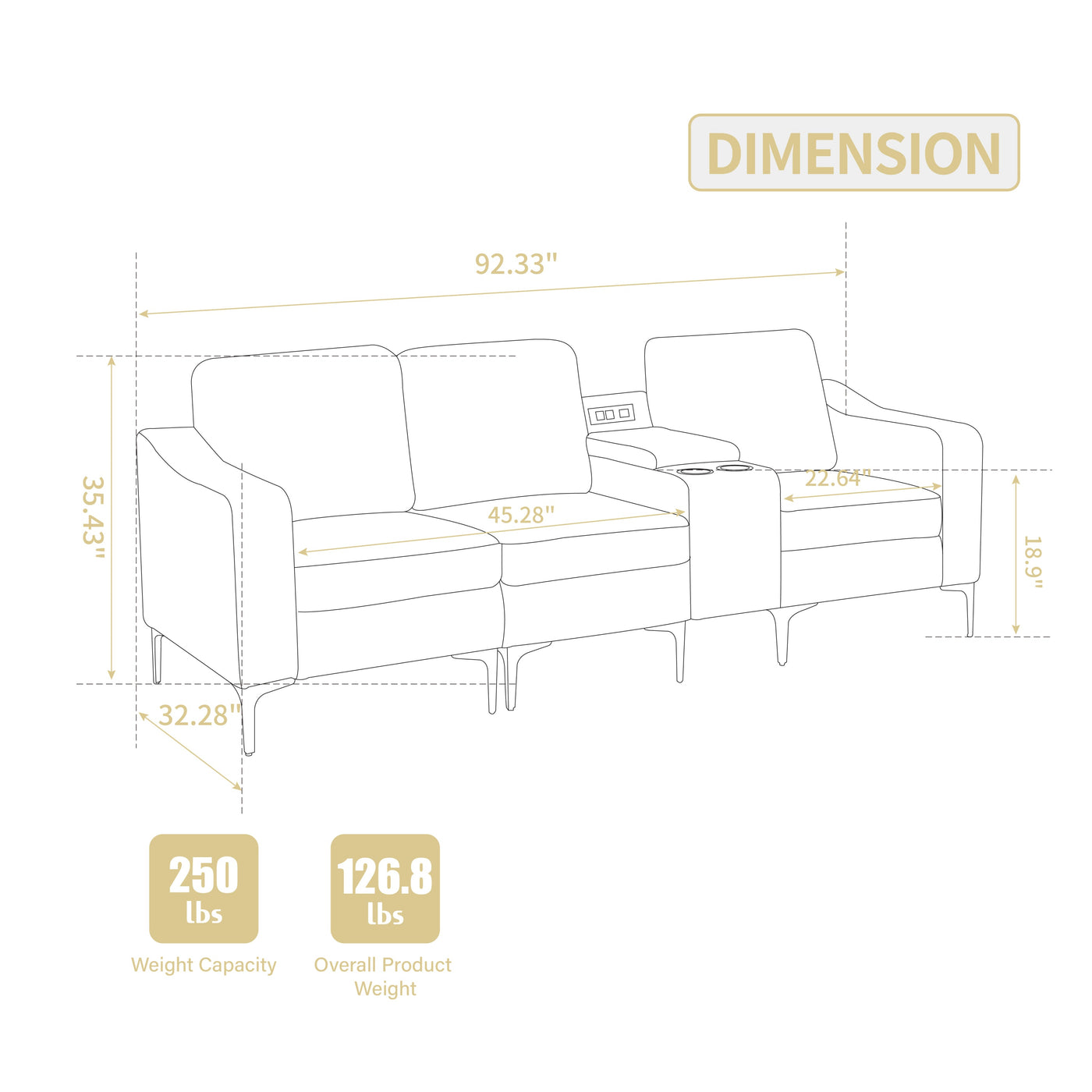 Convertible Sectional Corduroy  Sofa with Cupholders, USB,Three-seater,Beige