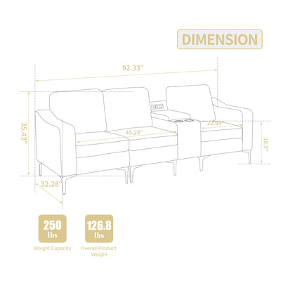 Convertible Sectional Corduroy  Sofa with Cupholders, USB,Three-seater,Beige