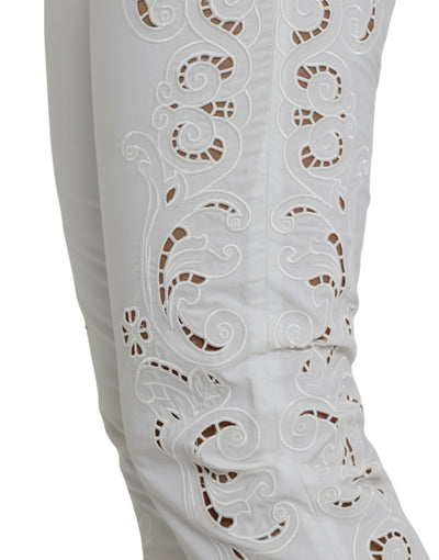 Dolce & Gabbana White Cut Out Cotton Mid Waist Cropped Pants
