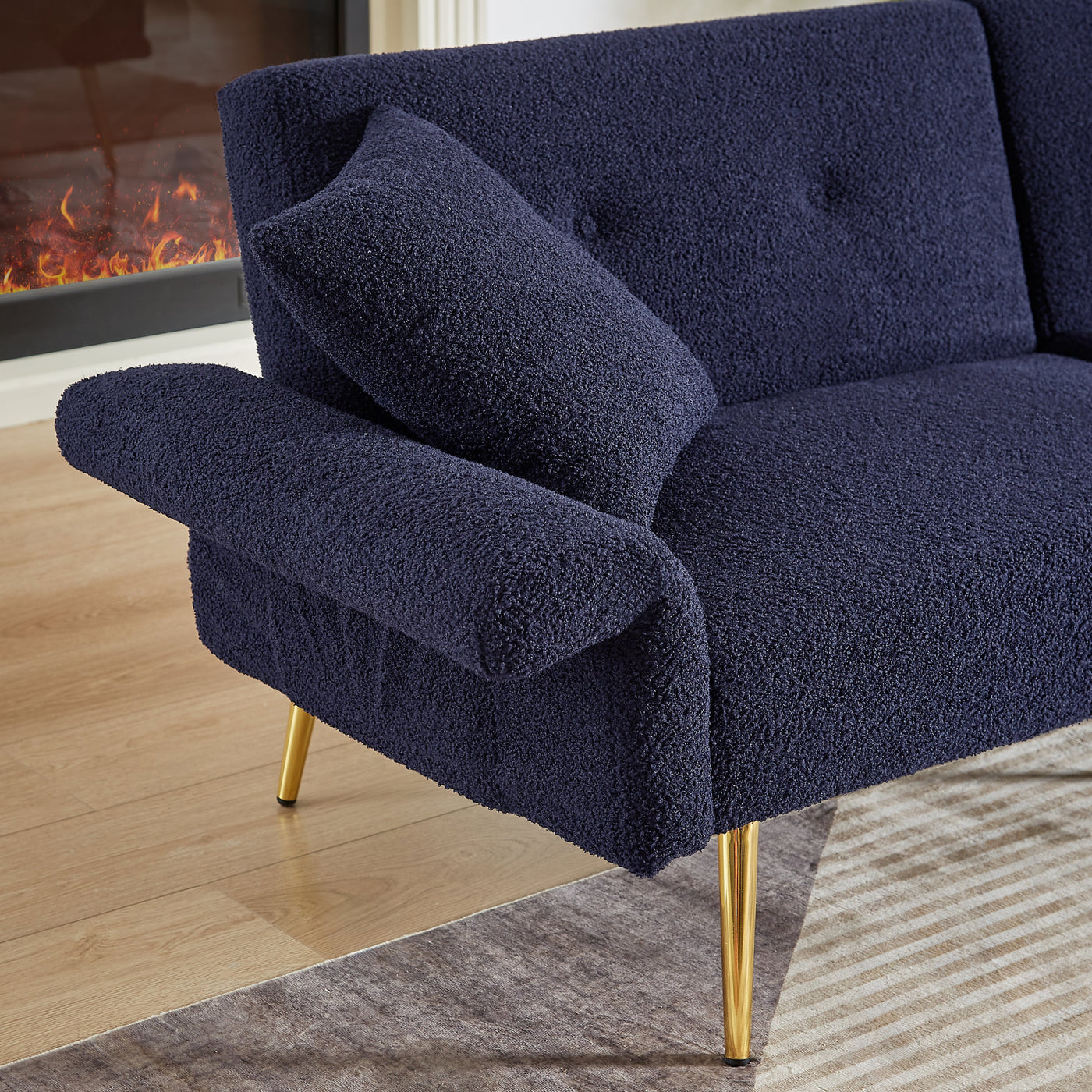 Modern Teddy Upholstered Accent Loveseat Sofa With Side Pocket,Folding Sleeper Sofa Bed With Foldable Armrest , Adjustable Backrest and Golden Metal Legs for Living Room,Dark Blue
