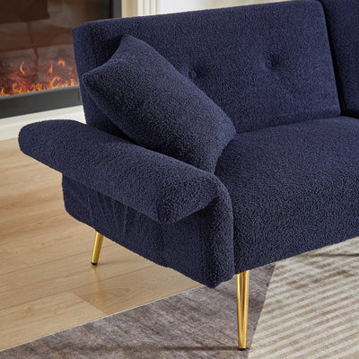 Modern Teddy Upholstered Accent Loveseat Sofa With Side Pocket,Folding Sleeper Sofa Bed With Foldable Armrest , Adjustable Backrest and Golden Metal Legs for Living Room,Dark Blue
