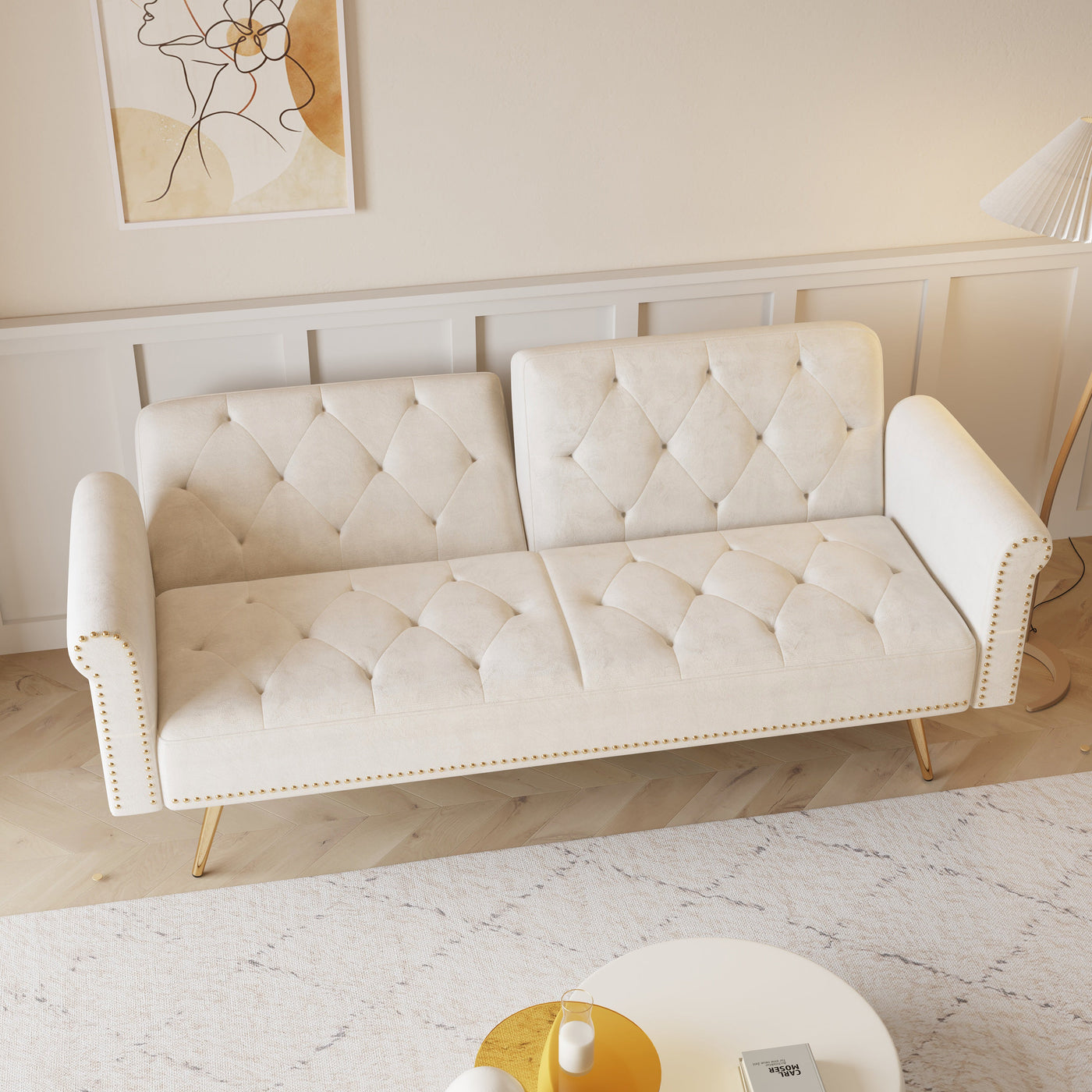 Luxurious Velvet Sofa Bed with Nail Head Trim and Matching Pillow in Beige, 69.7-Inch