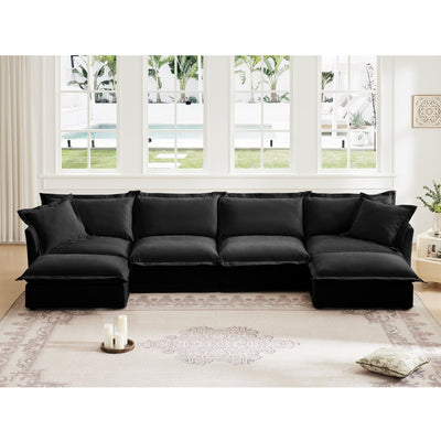 Slipcovered U Shape Sectional Wide and Deep Seat Sofa Couch, 4 Seater Sofa with French Edges Design Multiple Big Pillows, Soft Deep Seat Comfy Cloud Couch for Living Room, Apartment, Chenille Fabric