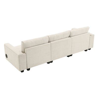 Chenille Sectional Sofa with Bluetooth Speaker, Comfy Cloud Couch Set with Drop Down Table, Cup Holders, USB Charger, Storage Armrest, Wide Seat, 96*35''