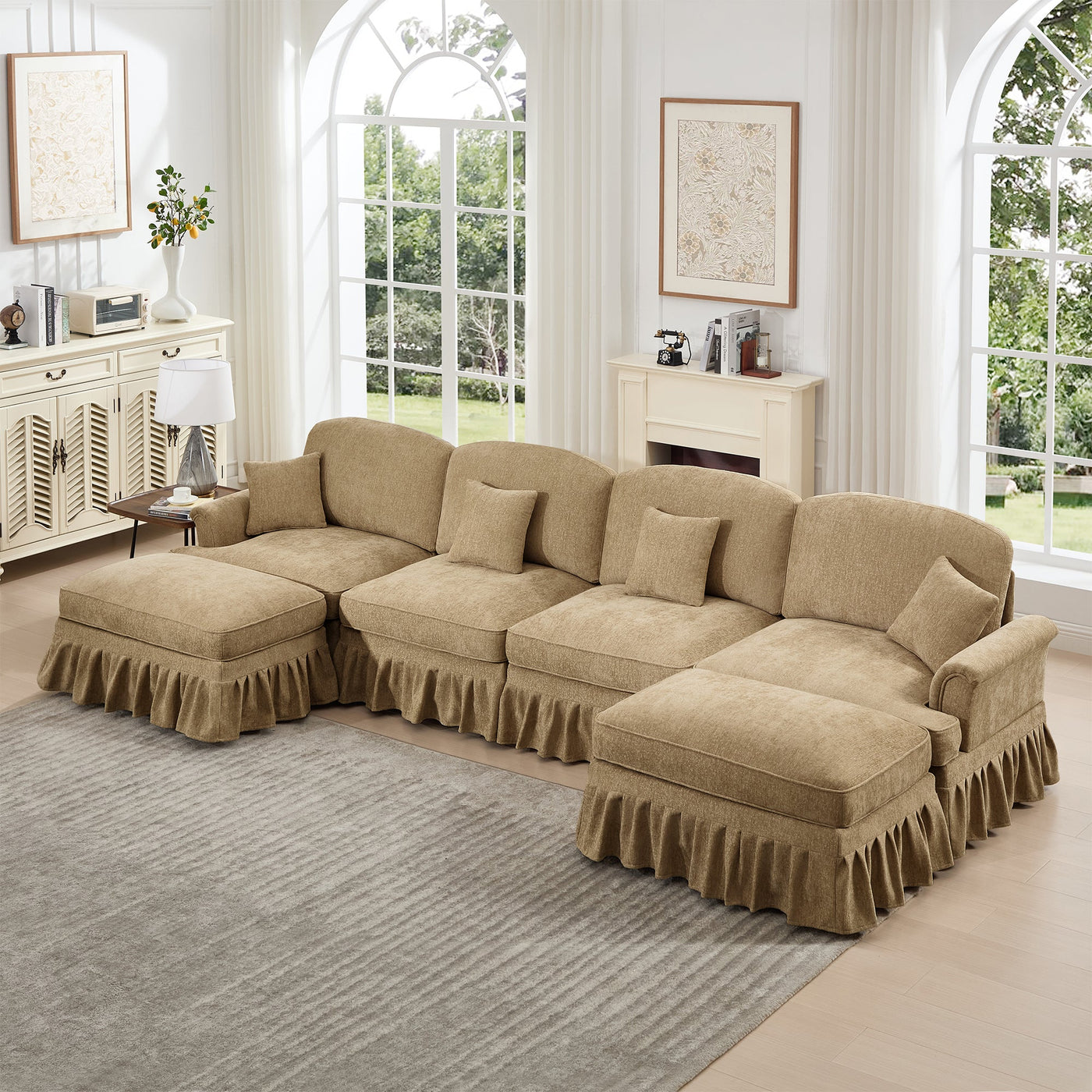 Classic U Shape 4 Seater Modular Sectional Sofa Couch with Flared Arms and Removable Ruffles Pleats Skirts and Spindle Legs, Chenille Deep Seat Cloud Sofa with Movable Ottomans, Light Coffee