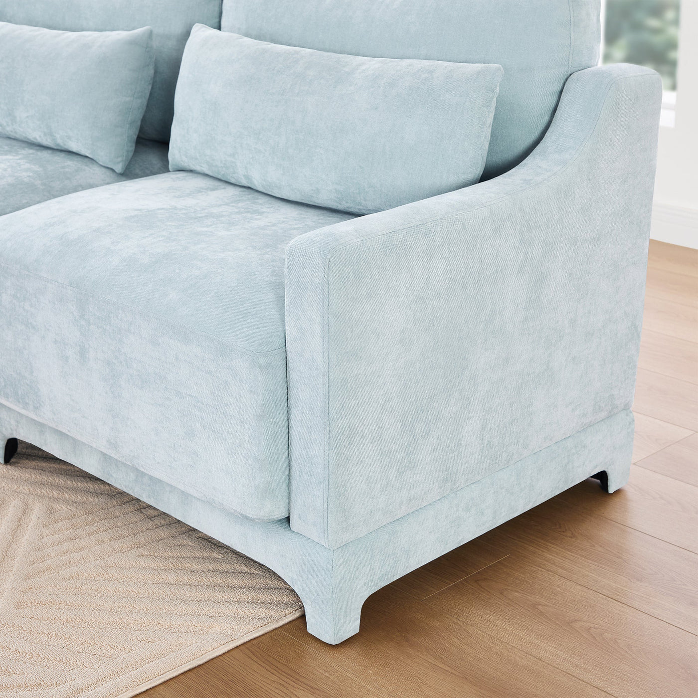 Sky Blue Four-Seater Chenille Sofa with Lumbar Pillow, Ergonomic Design, Solid Wood Frame