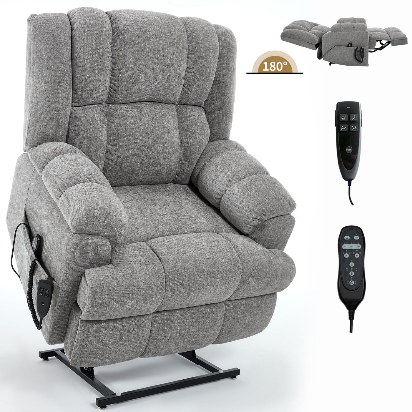 Dual Motor Heat Massage Infinite Position Up to 350 LBS Electric Power Lift Recliners with Power-Remote, Medium-firm and Heavy Duty, Light Grey