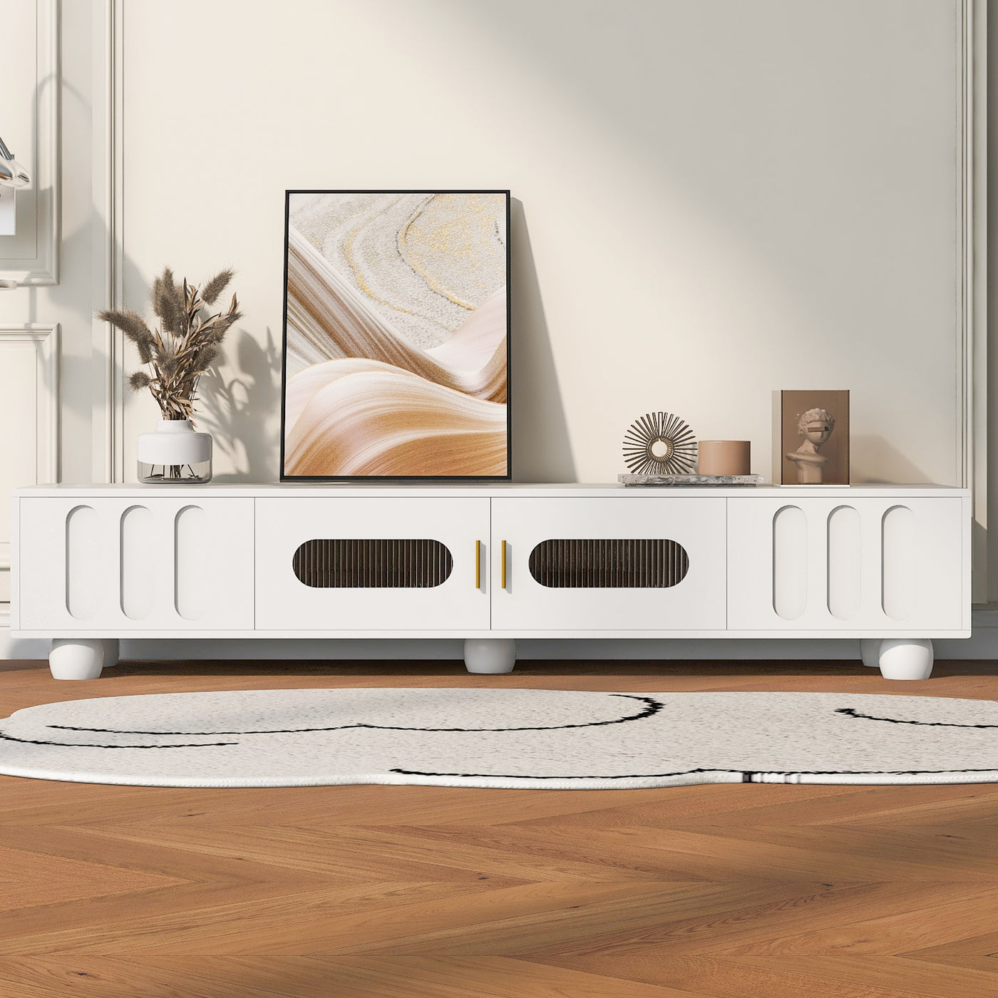 U-Can Modern TV Stand for TVs up to 80 Inches, Entertainment Center with Glass Door, TV Storage Cabinet with Solid Wood Legs and Metal Handles for Living room(OLD SKU:WF323694AAK )
