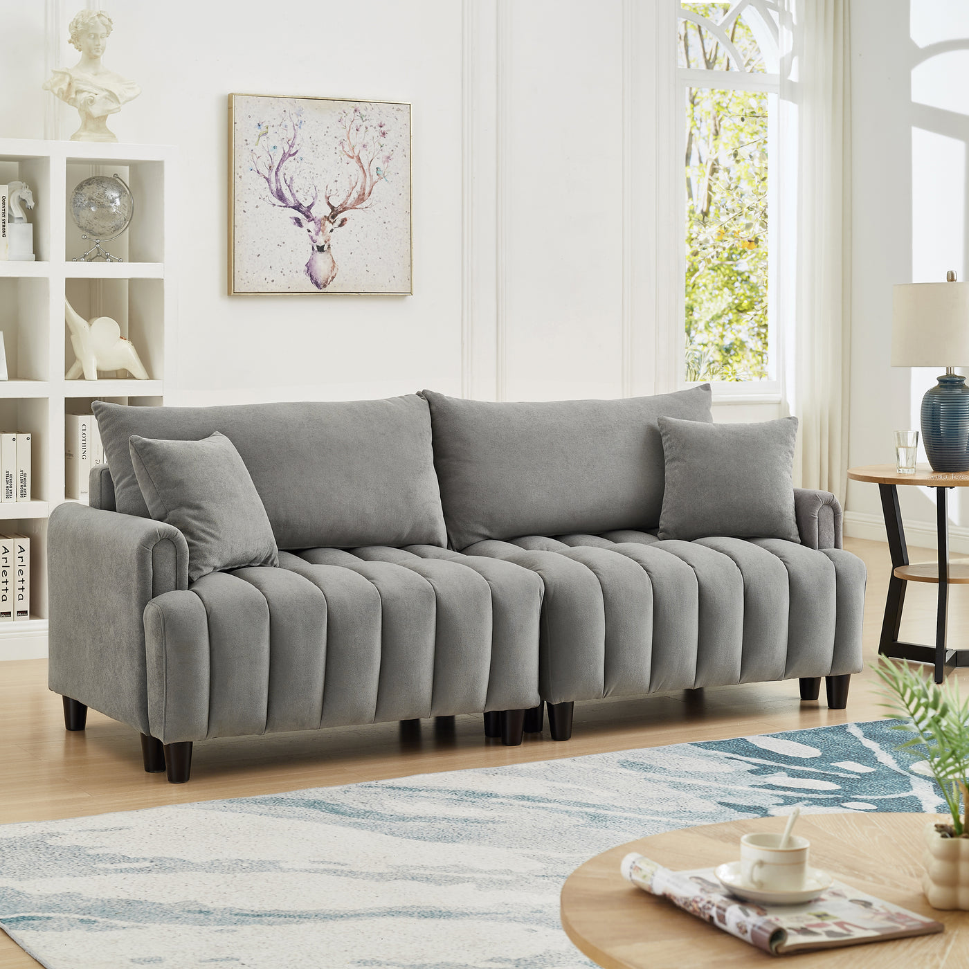 83'' Futon Sofa Bed, Polyester Fabric Comfy Futon Couch Bed with 2 Square Pillows, Convertible Sleeper Sofa with Adjustable Backrest,  Modern Loveseat Sleeper for Living Room, Gray