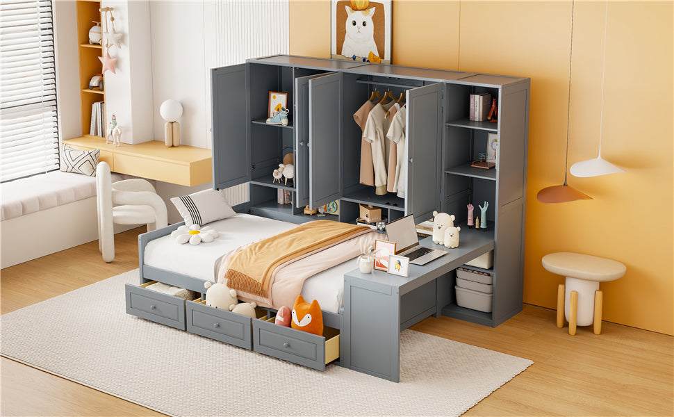 Full Size Wooden Daybed With Three Drawers, and All-in-One Cabinet, Desk and Shelves, Gray