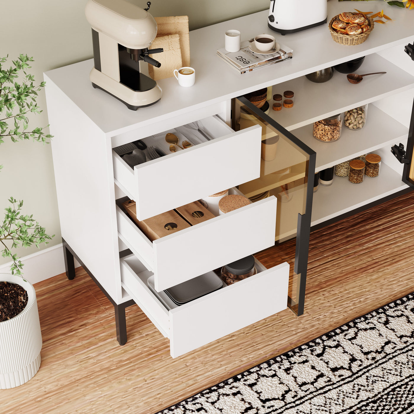 Buffet cabinet with storage, kitchen side panel storage room with doors and 3 drawers, pantry cabinet display rack, console, dining table manager furniture, living room dining room white