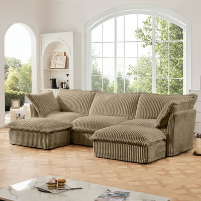 Slipcovered U Shape Sectional Deep Seat Sofa Couch, 3 Seater Sofa with French Edges Design Multiple Big Pillows, Modular Deep Seat Sectional Sofa Comfy Cloud Couch for Living Room, Apartment, Camel