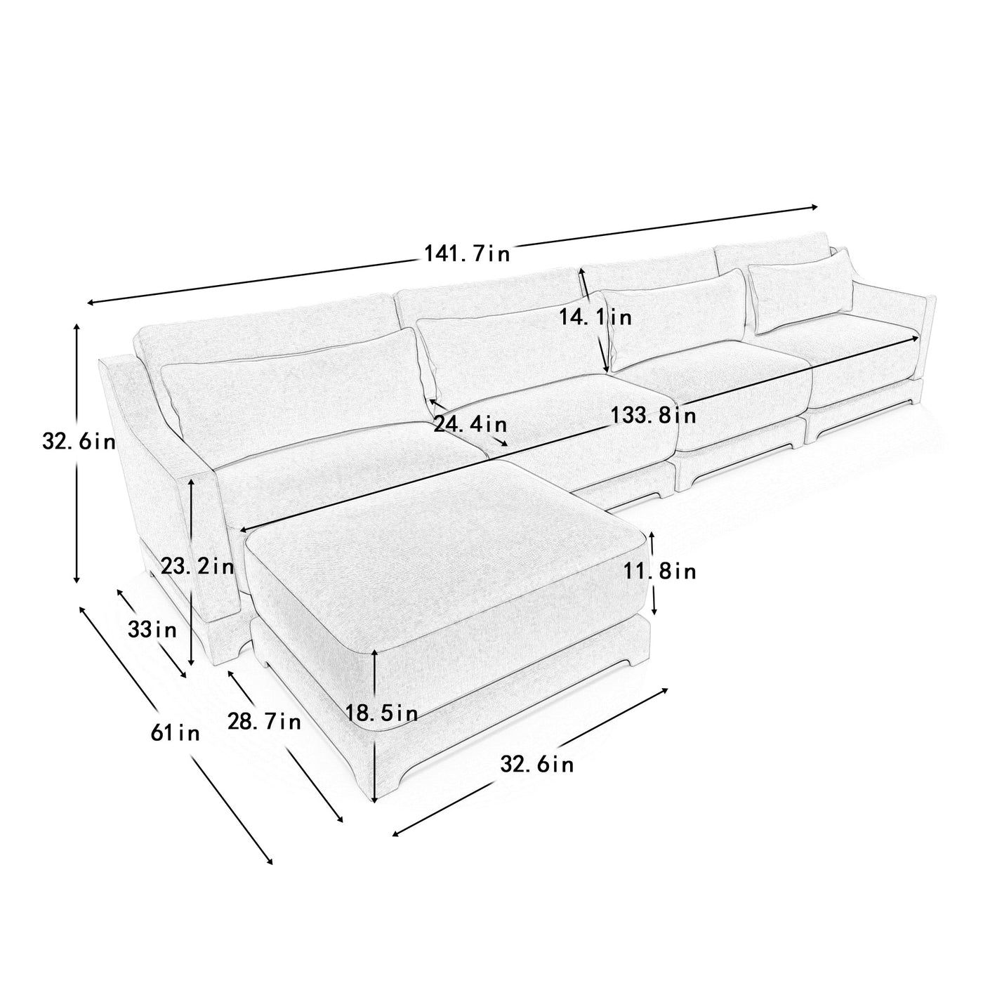 Stylish Four-Seater Sofa with Movable Ottoman in Sky Blue Chenille Fabric with Ergonomic Design