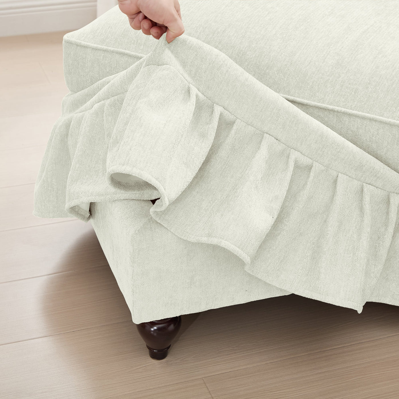 Classic U Shape 4 Seater Modular Sectional Sofa Couch with Flared Arms and Removable Ruffles Pleats Skirts and Spindle Legs, Chenille Deep Seat Cloud Sofa with Movable Ottomans, Beige White