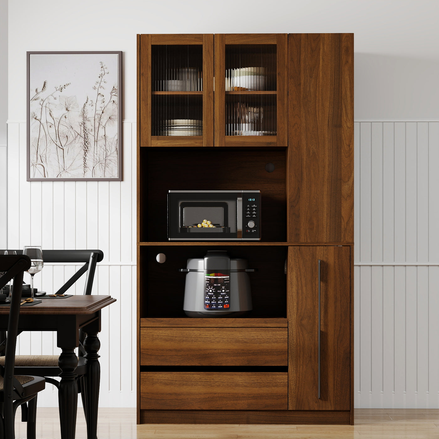 70.87' Tall Kitchen Pantry Cabinet with multi-functional pull-out multi-tier storage shelf,  4-Tier side Shelf, 2 Drawers,with Glass Door,Freestanding Food Hutch with Microwave Stand for Dining Room