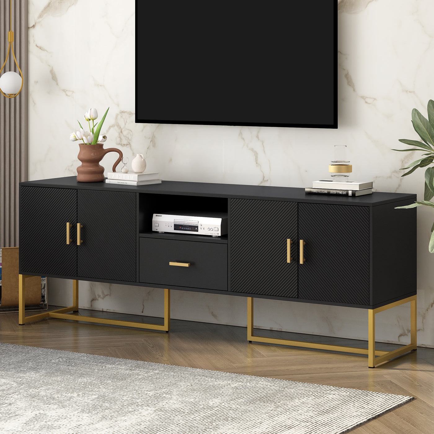 U-Can Modern TV Stand for TV up to 70 Inches,TV Cabinet with 1 Drawer, 2 Cabinets and Metal Legs, Handles and Anti-tip Device for Living room
