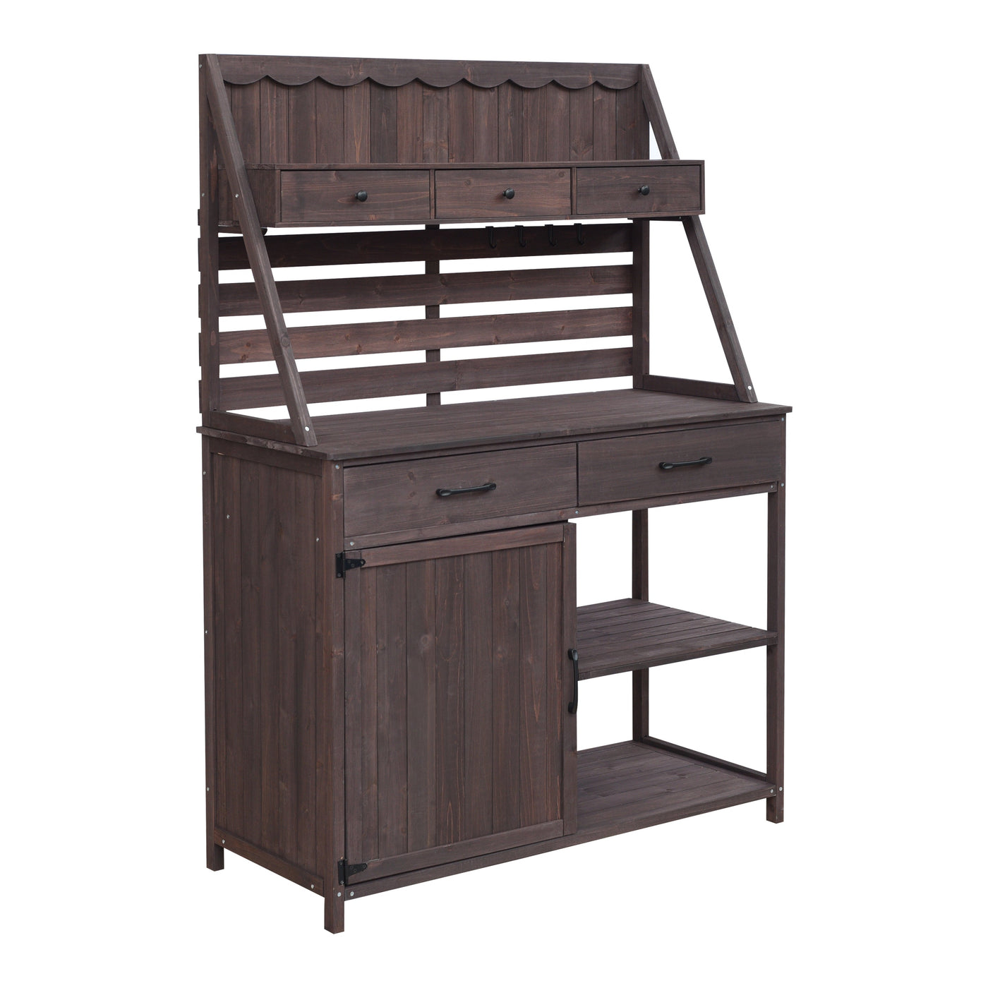 Brown Fir Wood Potting Bench - 5-Drawer Garden Workstation with Slatted Back Panel & Storage Cabinet