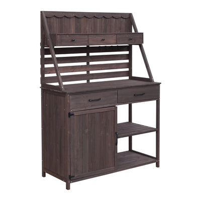 Brown Fir Wood Potting Bench - 5-Drawer Garden Workstation with Slatted Back Panel & Storage Cabinet