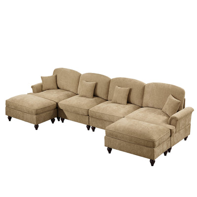 Classic U Shape 4 Seater Modular Sectional Sofa Couch with Flared Arms and Removable Ruffles Pleats Skirts and Spindle Legs, Chenille Deep Seat Cloud Sofa with Movable Ottomans, Light Coffee