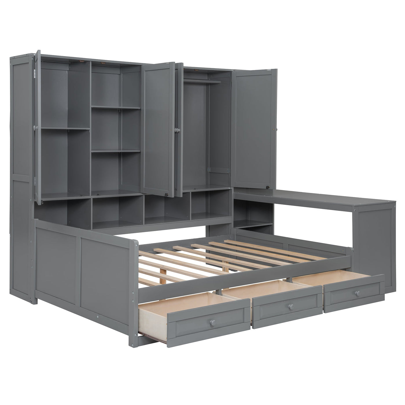 Full Size Wooden Daybed With Three Drawers, and All-in-One Cabinet, Desk and Shelves, Gray