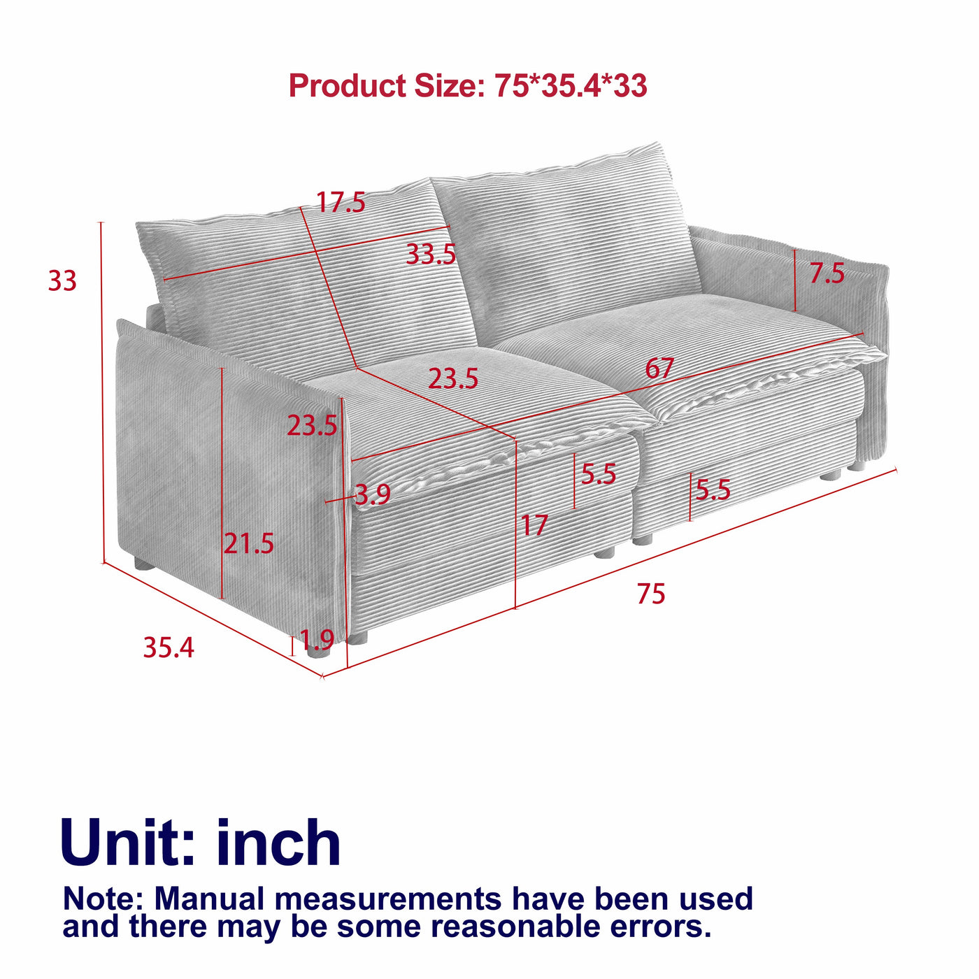 Corduroy Fabric Loveseat Sofa Couch for Living Room, Upholstered Large Size Deep Seat 2-Seat Sofa with 2 Pillow