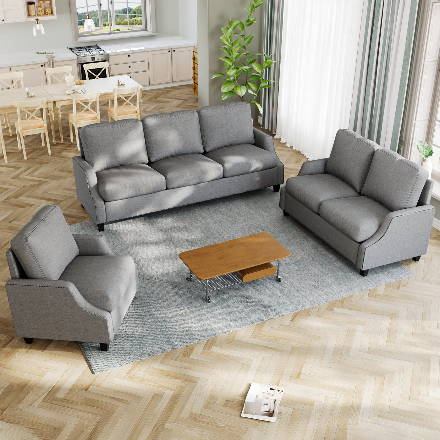 3 Piece Living Room Sofa Sets, Sectional Couch and Loveseat and Armchair Set, Modern 3 Seater Sofa + 2 Seater Couch+ Accent Chair Furniture Set for Apartment