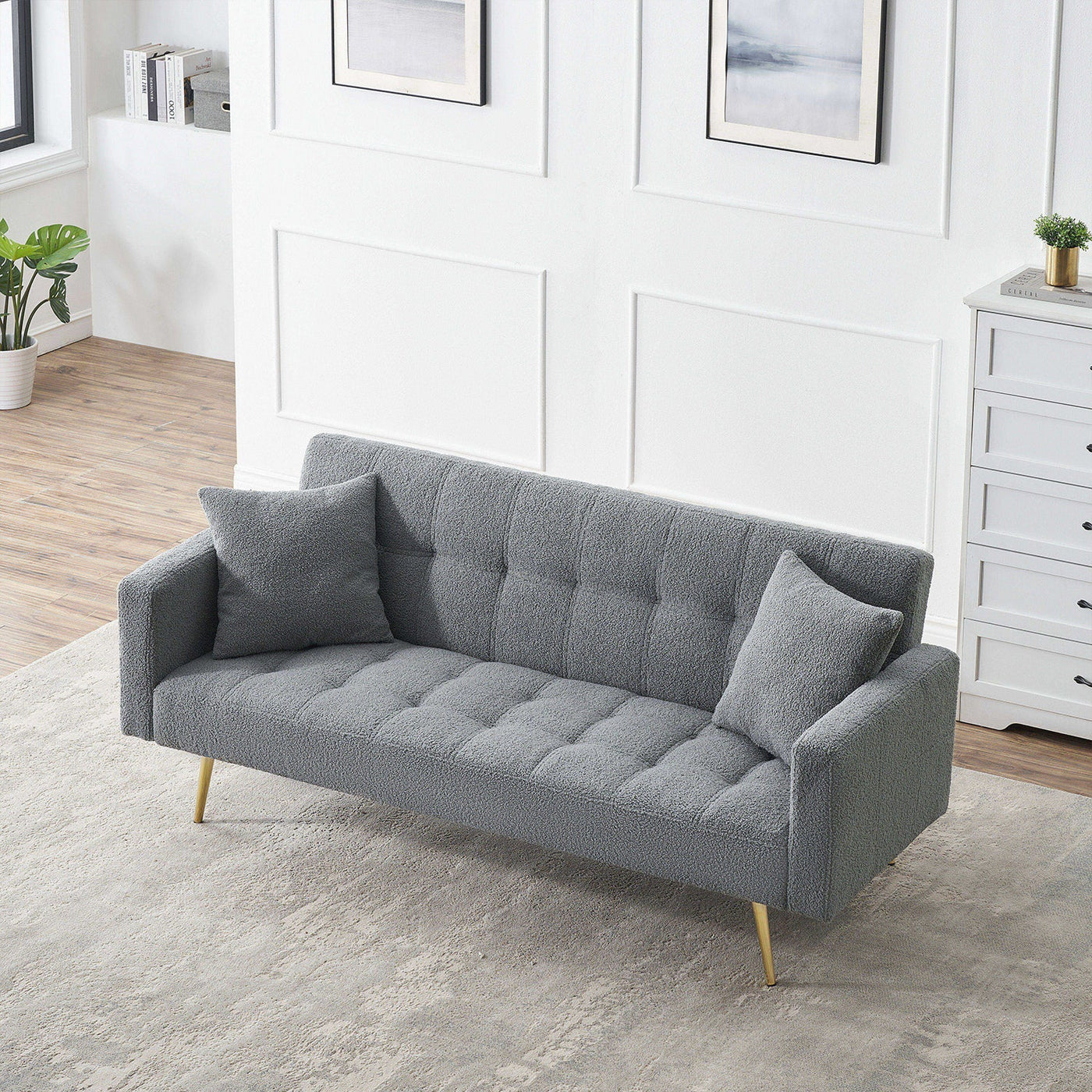 Contemporary Grey Teddy Fleece Sofa Bed with Two Throw Pillows and Metal Legs
