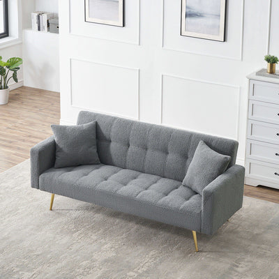 Contemporary Grey Teddy Fleece Sofa Bed with Two Throw Pillows and Metal Legs