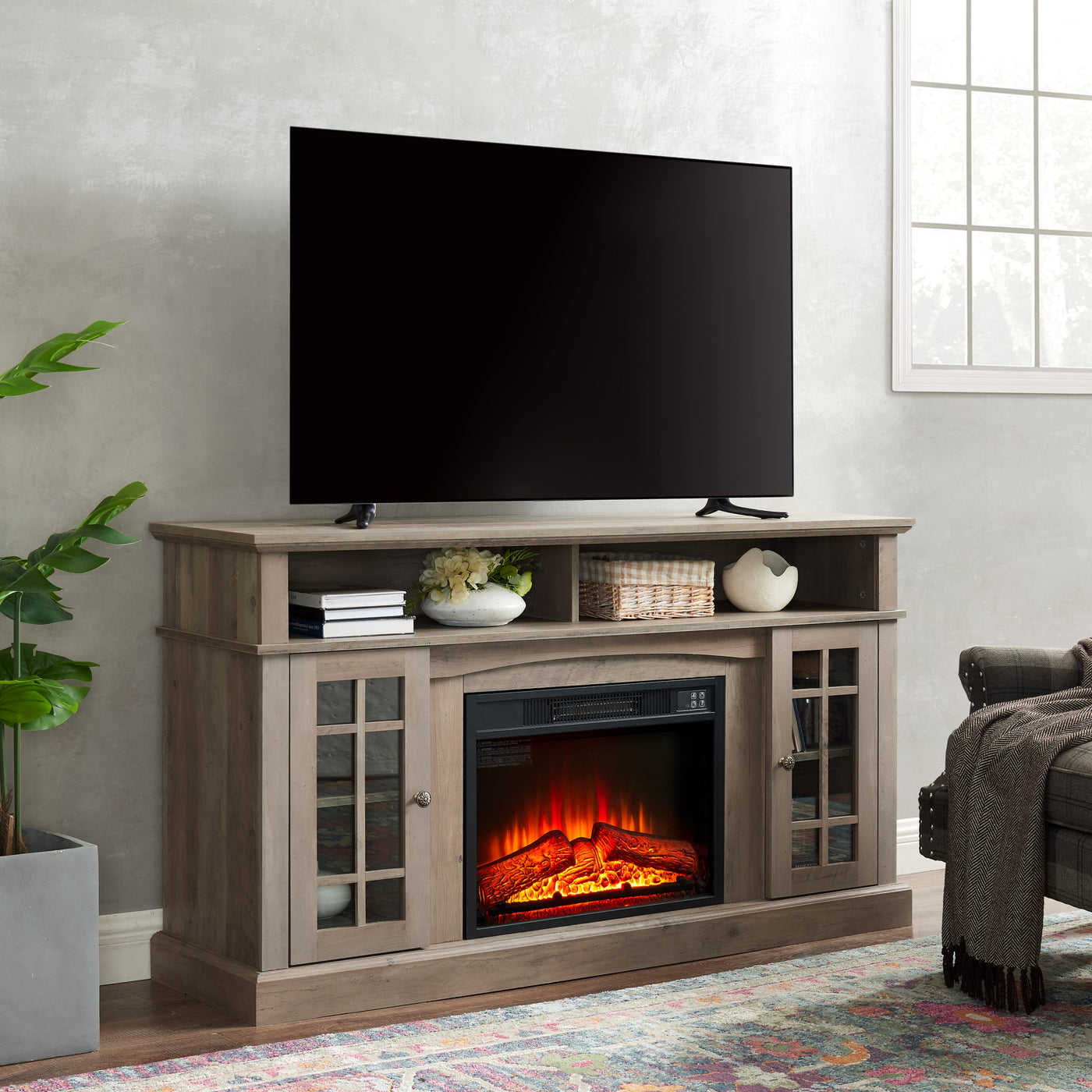 Classic TV Media Stand Modern Entertainment Console with 23' Fireplace Inset for TV Up to 65' with Open and Closed Storage Space, Gray Wash, 58.25'W*15.75'D*32'H