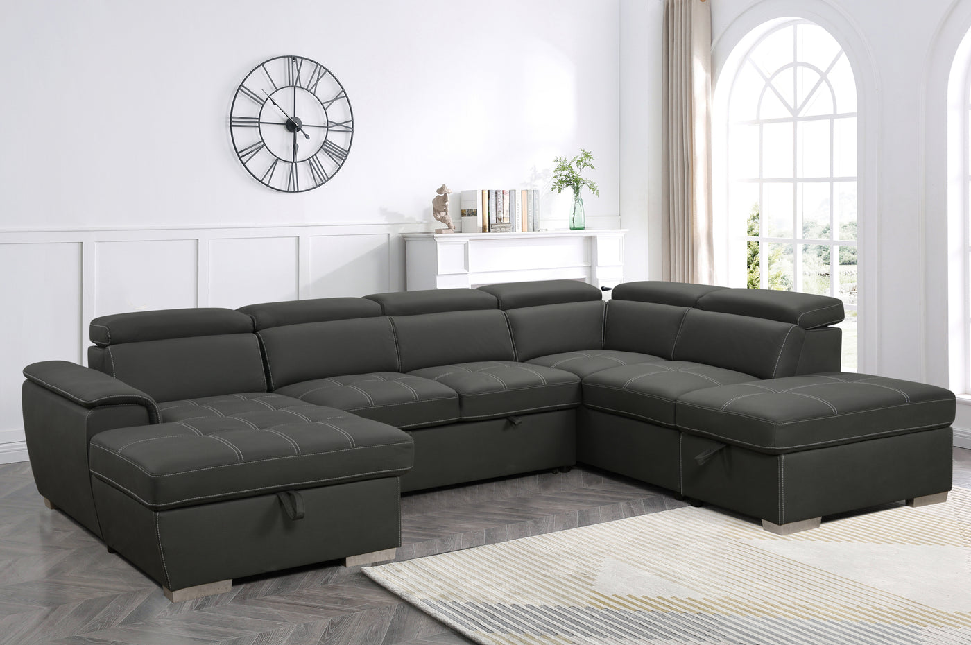 128'Sofa U Shaped Sectional Couch with Ottomans Reversible Modular Sofa 7 Seater Couch with Storage Seat,Living Room Furniture Sofa Sets with Adjustable Headrest, Grey