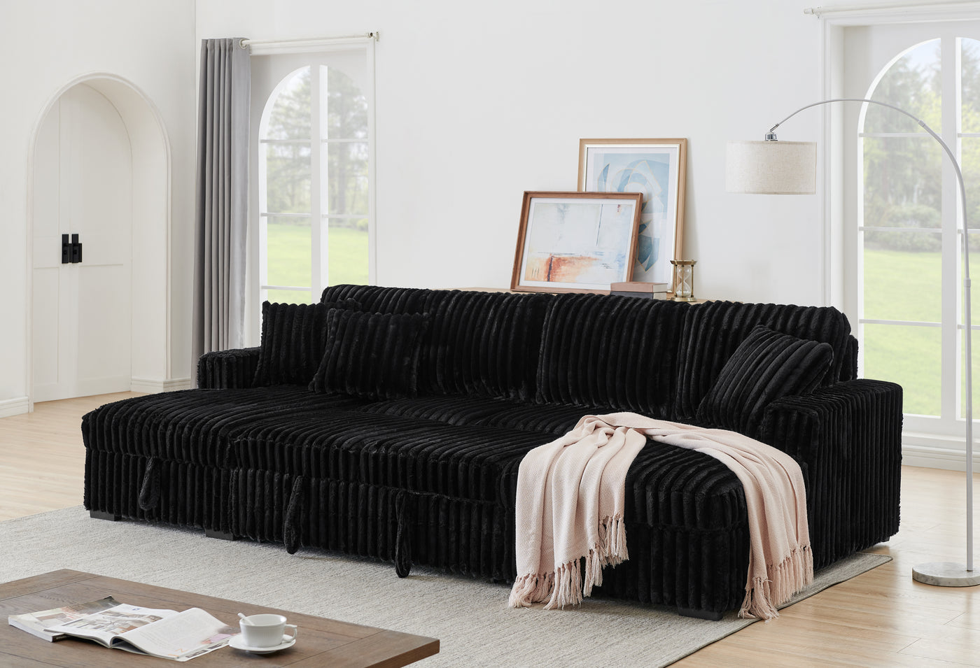U Shaped Sleeper Sofa, 122 inch Overisze - 2 in 1 Pull Out Bed, Sectional Sleeper Sofa with Double Storage Chaise for Living Room, Rabbit plush Corduroy Fabric Couch, Black