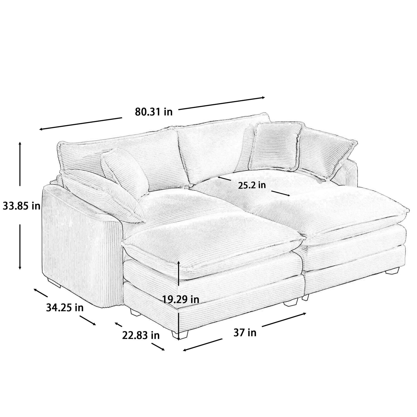 Contemporary Corduroy Two-Seater Sofa with Ottoman, Grey, Ideal for Small Spaces