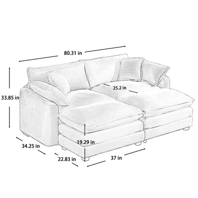 Contemporary Corduroy Two-Seater Sofa with Ottoman, Grey, Ideal for Small Spaces