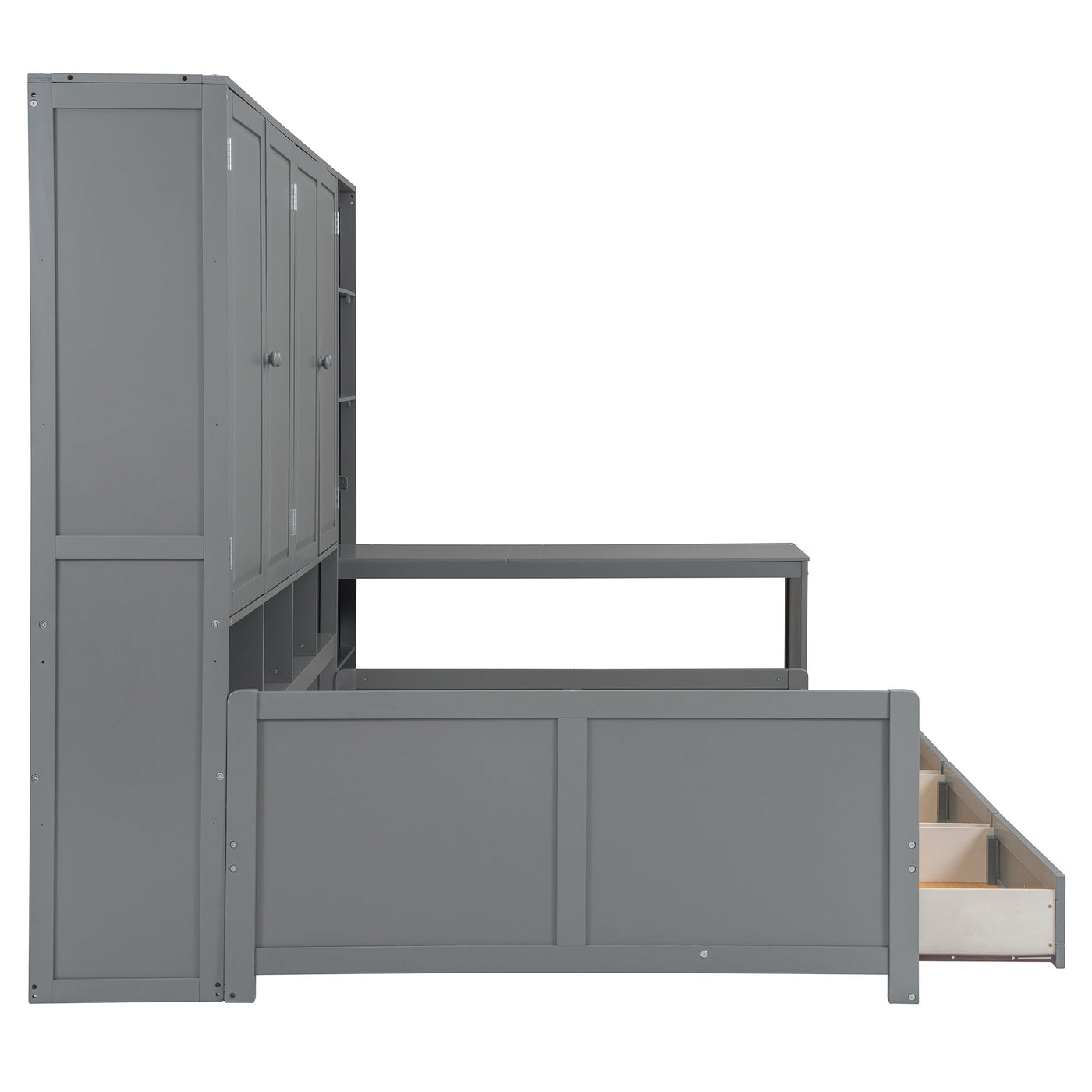 Full Size Wooden Daybed With Three Drawers, and All-in-One Cabinet, Desk and Shelves, Gray