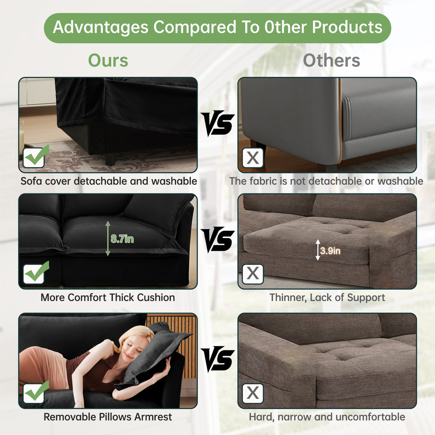 Slipcovered U Shape Sectional Wide and Deep Seat Sofa Couch, 4 Seater Sofa with French Edges Design Multiple Big Pillows, Soft Deep Seat Comfy Cloud Couch for Living Room, Apartment, Chenille Fabric