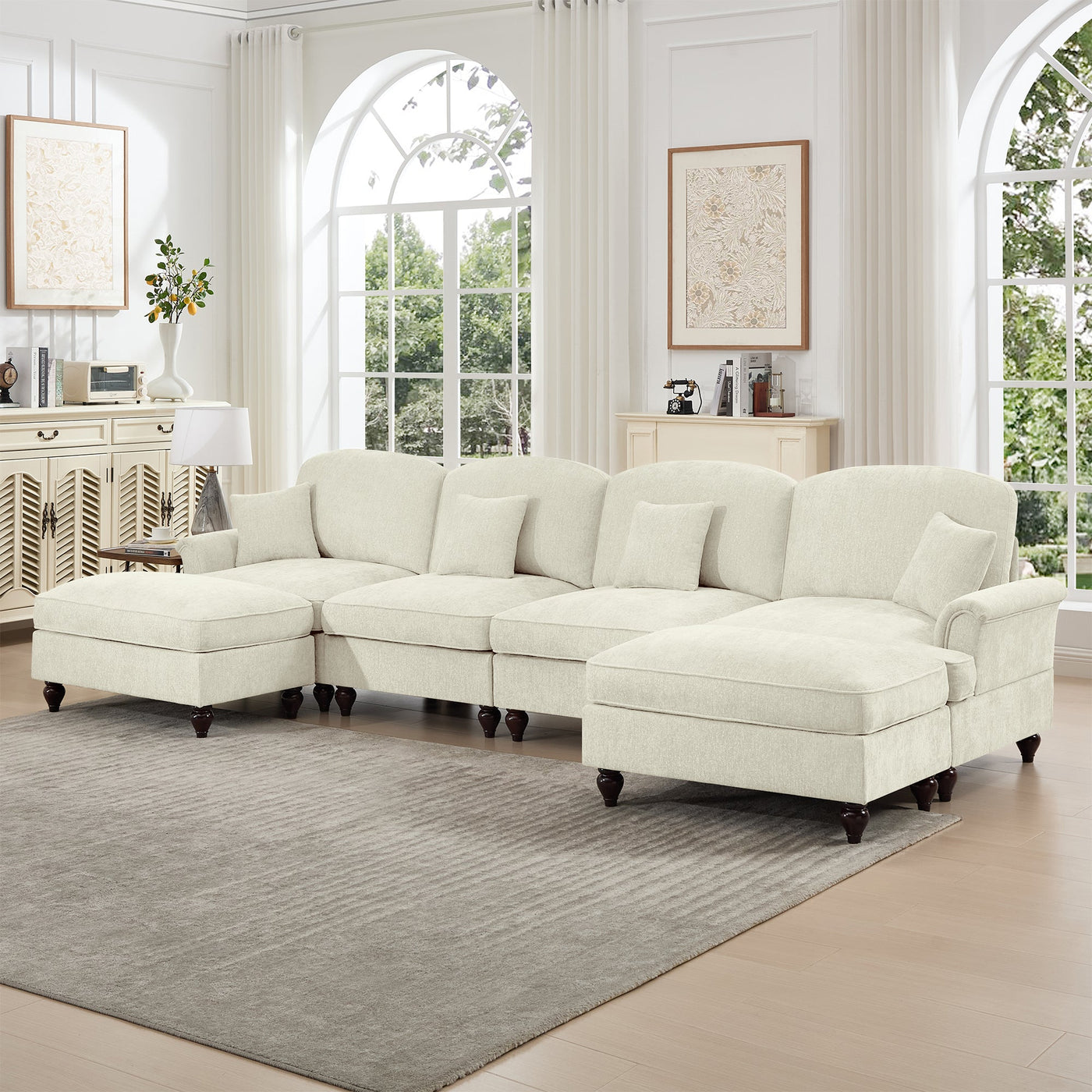Classic U Shape 4 Seater Modular Sectional Sofa Couch with Flared Arms and Removable Ruffles Pleats Skirts and Spindle Legs, Chenille Deep Seat Cloud Sofa with Movable Ottomans, Beige White